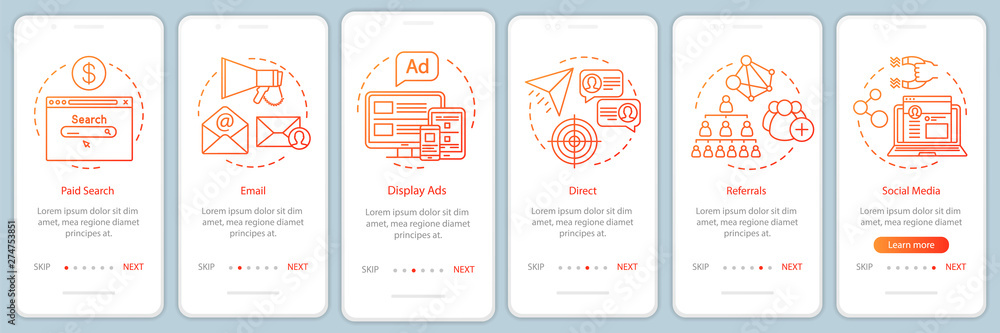 Marketing channels orange gradient onboarding mobile app page screen vector template. Ways of customer attraction walkthrough website steps with illustrations. UX, UI, GUI smartphone interface concept - obrazy, fototapety, plakaty 