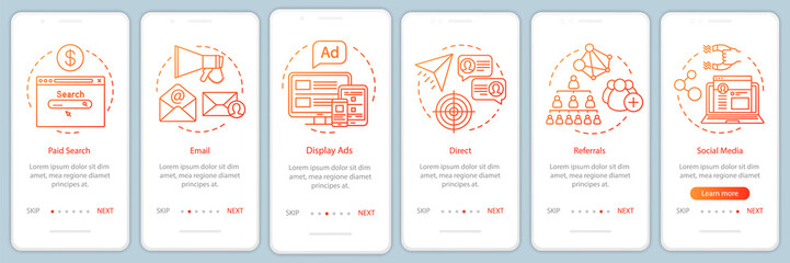 Marketing channels orange gradient onboarding mobile app page screen vector template. Ways of customer attraction walkthrough website steps with illustrations. UX, UI, GUI smartphone interface concept