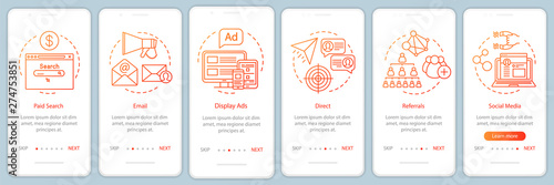Cuadros en Lienzo Marketing channels orange gradient onboarding mobile app page screen vector template