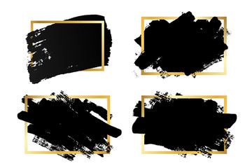 Wall Mural - Brush strokes set, gold text box, isolated white background. Black paint brush. Grunge texture stroke frame. Ink design. Border shape, paintbrush element. Brushstroke graphic. Vector illustration