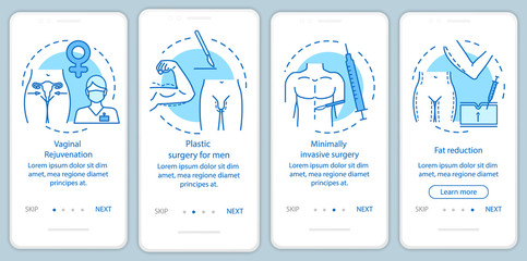 Plastic surgery center services onboarding mobile app page screen with linear concepts
