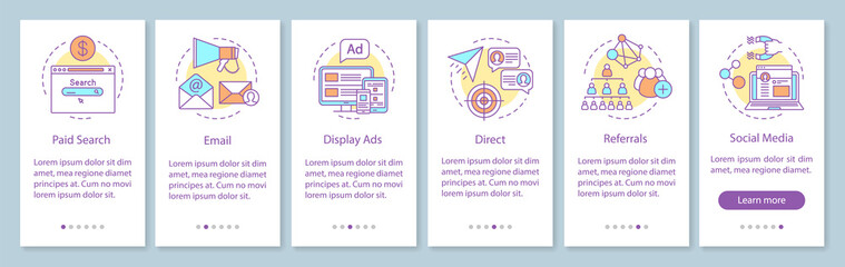 Wall Mural - marketing channels onboarding mobile app page screen with linear concepts. ways of customer attracti