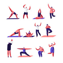 Male And Female Characters Sport Activities Set. People Doing Sports, Yoga Exercise, Fitness, Workout In Different Poses, Stretching, Healthy Lifestyle, Leisure. Cartoon Flat Vector Illustration