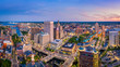 Aerial panorama of Providence skyline at dusk. Providence is the capital city of the U.S. state of Rhode Island. Founded in 1636 is one of the oldest cities in USA.
