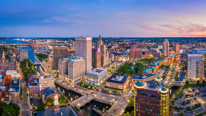 Fototapete - Aerial panorama of Providence skyline at dusk. Providence is the capital city of the U.S. state of Rhode Island. Founded in 1636 is one of the oldest cities in USA.