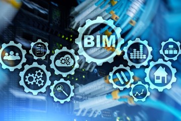 building information modeling. bim on the virtual screen with a server data center background