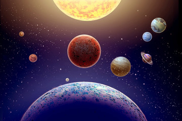 Wall Mural - Mini parade planets on background star and sun