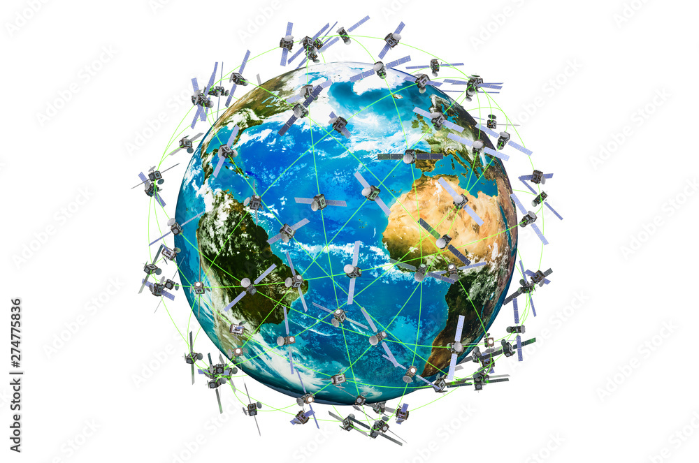 Space satellites around the Earth Globe, 3D rendering isolated on white background - obrazy, fototapety, plakaty 