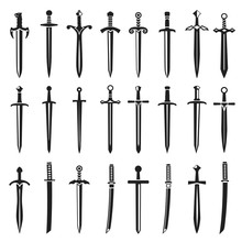 Swords In Flat Style And Silhouettes Isolated On White Background. Icon Set Of Ancient Swords. Vector Illustration. Medieval Swords. Japanese Sword Katana. Military Sword Ancient Weapon Design Silhoue