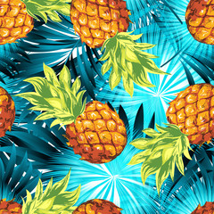  Pineapples with palm trees. Seamless pattern with tropical fruits and plants.