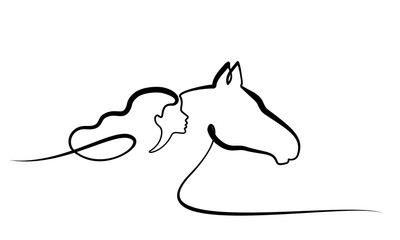 Wall Mural - One line drawing. Horse and woman heads logo