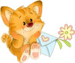 The cute kitten with love letter and flower greeting card illustration