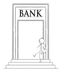 Wall Mural - Vector cartoon stick figure drawing conceptual illustration of man or businessman carrying bag of dollars or money to deposit it in bank.