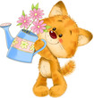 The cute red striped kitten with watering can, flower, greeting card illustration