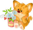 The cute red striped kitten with flower pot, flowers, heart tag, greeting card illustration