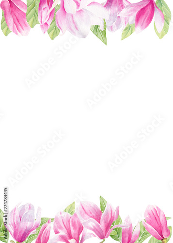 Magnolia bloom watercolor hand drawn raster frame template