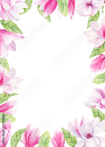 Blooming magnolia watercolor hand drawn raster frame template