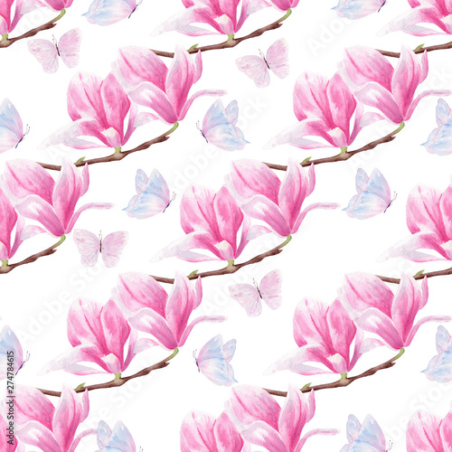 Flowers and butterflies hand drawn watercolor seamless pattern
