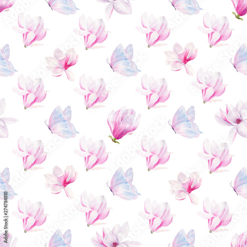 Magnolia flowerheads hand drawn watercolor seamless pattern