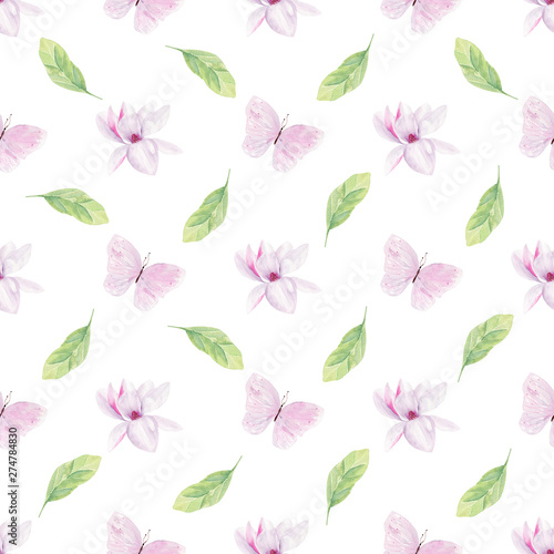 Magnolia blooming flowers hand drawn watercolor seamless pattern