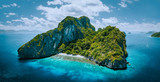 Aerial drone panorama picture of tropical paradise epic Entalula Island. Karst limestone rocky mountains surrounds the blue lagoon with beautiful coral reef