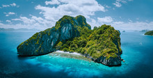 Aerial Drone Panorama Picture Of Tropical Paradise Epic Entalula Island. Karst Limestone Rocky Mountains Surrounds The Blue Lagoon With Beautiful Coral Reef