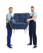 © New Africa - Portrait of moving service employees with armchair on white background