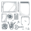 © Qualit Design - Workplace design elements, isolated on white background. Vector sketch top view illustration of office table stationery