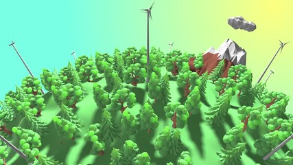 Wall Mural - Low poly earth flyover renewable energy sources wind turbine in mountain forest