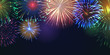 © Sunflower - Fireworks festive banner with space for text. Realistic fireworks explosions and brightly shining sparks. Pyrotechnics show vector illustration. Colorful light performance at deep blue background
