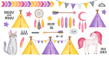 Big Tribal Set With Striped Kitten Character, Smiling Horse, Stars, Feathers, Dreamcatcher, Arrows, Tipi Tents, Bunting, Various Symbols. Yellow, Rose, Purple Colors. Hand Painted Watercolour Clipart.