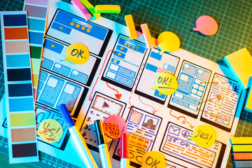 Wall Mural - ux ui design. rendering a draft application for a smartphone. designer develops a web application la