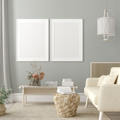 Mock up poster frame in living room interior. Interior Scandinavian style. 3d render