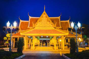 Night scene of Loha Prasat Wat Ratchanatdaram Woravihara (buddhist temple located in Phra Nakhon district,Bangkok,Thailand. Also called the Metal Castle)