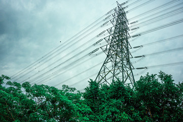 Wall Mural - Electricity concept. Close up high voltage power lines station.