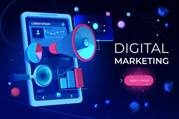 Digital marketing landing page, smartphone screen with megaphone or loudspeaker, data analysis charts and magnifying glass on futuristic neon glowing background. Cartoon vector illustration, banner