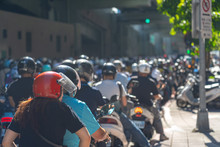 Scooter Waterfall In Taiwan. Traffic Jam Crowded Of Motorcycles At Rush Hour On The Ramp Of Taipei Bridge, Cascade Of Scooters On Minquan West Road In Datong District, Taipei, Taiwan