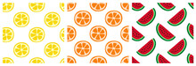 Tropical Fruit Seamless Pattern Set. Orange, Lemon And Watermelon. Fashion Design. Food Print For Clothes, Linens Or Curtain. Hand Drawn Vector Sketch Background Collection