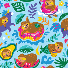 Seamless Pattern With Cartoon Sloths Enjoy Summer Day In The Water. Vector Illustration