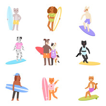 Surf Vector Cat Dog Animal Surfer Character Surfing On Surfboard Illustration Animalistic Set Of Cartoon Young Sportsman Kitty Girl And Doggy Boy On Wakeboard Isolated On White Background