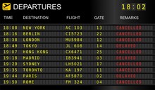 Flight Departure Board. Information Display System In International Airport, Cancelled And Delayed Flights