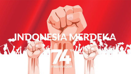 Wall Mural - 17 August. Indonesia Happy Independence Day greeting card with hands clenched, Spirit of freedom symbol. Use for banner, and background . Vector