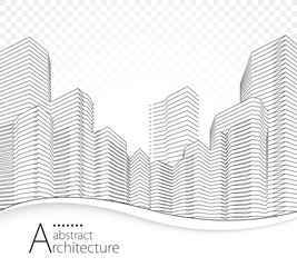 3D illustration architecture building perspective lines, modern urban architecture abstract background design.