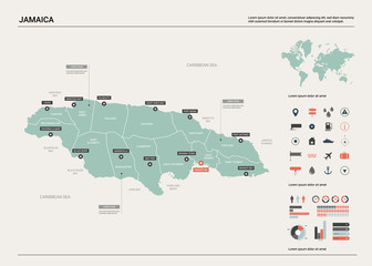  Vector map of Jamaica. Country map with division, cities and capital Kingston. Political map,  world map, infographic elements.