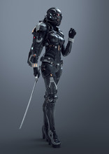 Science Fiction Cyborg Female Standing And Holding Futuristic Japanese Samurai Sword In One Hand. Sci-fi Samurai Girl In A Futuristic Black Armor Suit With A Helmet. 3D Rendering On Gray Background.