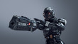 © roman3d - Science fiction cyborg female shooting with gun. Cyborg girl with big gun in one hand. Young Girl in a futuristic black armor suit with a helmet. Cyberpunk Shooter. 3D rendering on gray background.
