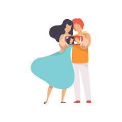 Wall Mural - Happy Couple in Love Taking Selfie Photo on Smartphone Vector Illustration