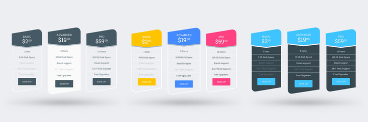 Wall Mural - pricing table design template for websites and applications. set of three different color variations