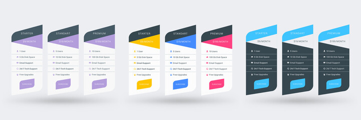 Wall Mural - pricing table design template for websites and applications. set of three different color variations