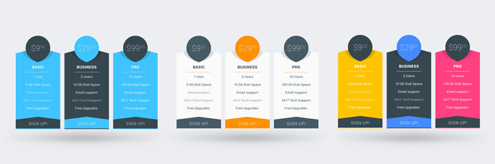 Wall Mural - pricing table design template for websites and applications. set of three different color variations